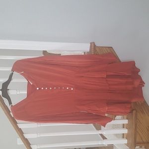 Long balloon sleeves, V neck,front button tier dress in copper